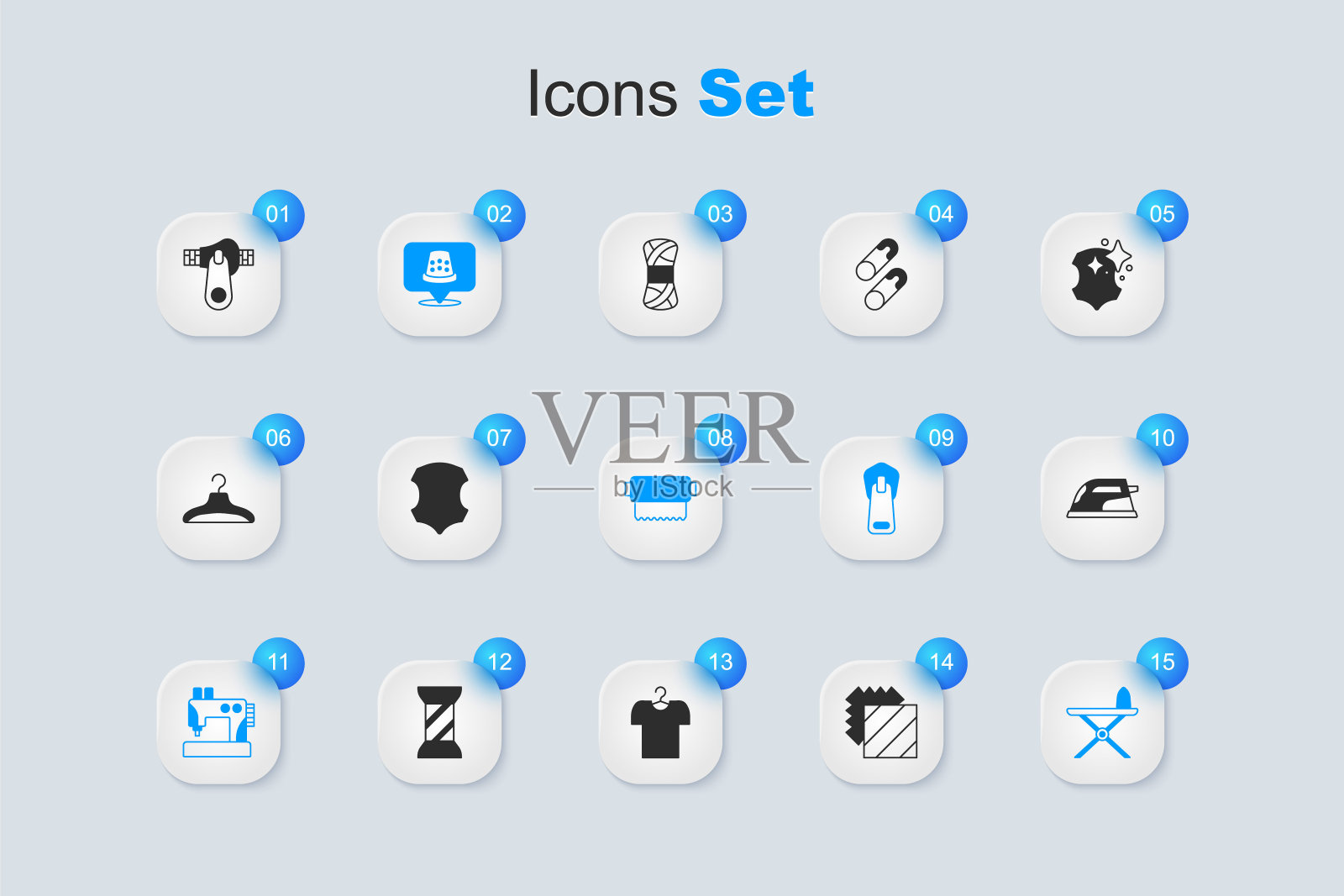 采购产品服装纺织，皮革，缝纫顶针，缝纫机，电熨斗和熨衣板，拉链和纺织织物卷图标。向量图标素材