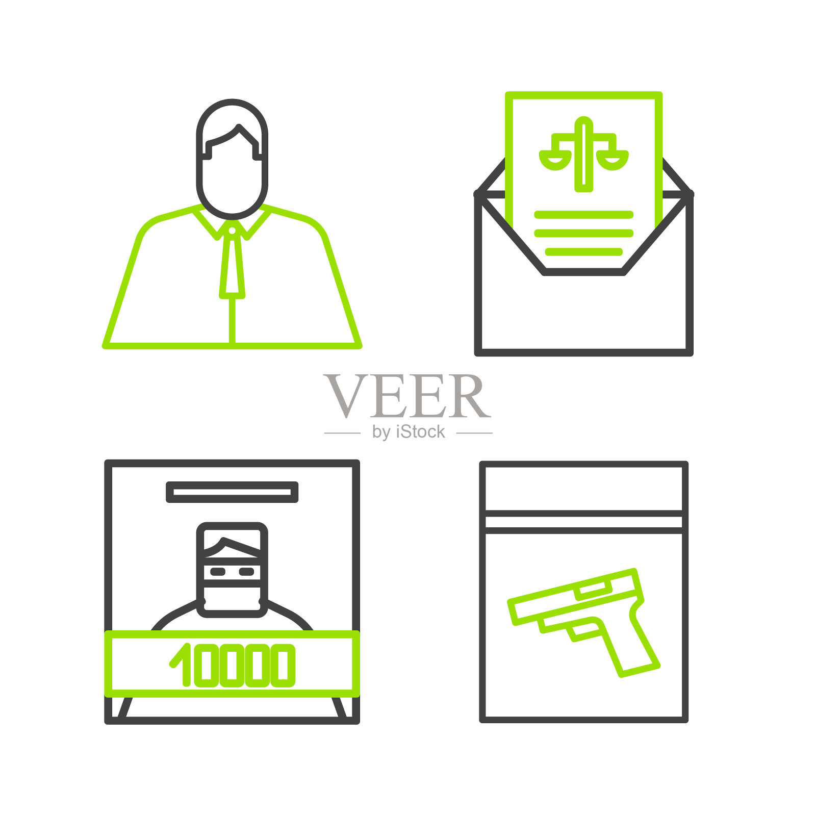 设置线证据袋和手枪或枪，通缉海报，传票和律师，律师，法学家图标。向量插画图片素材