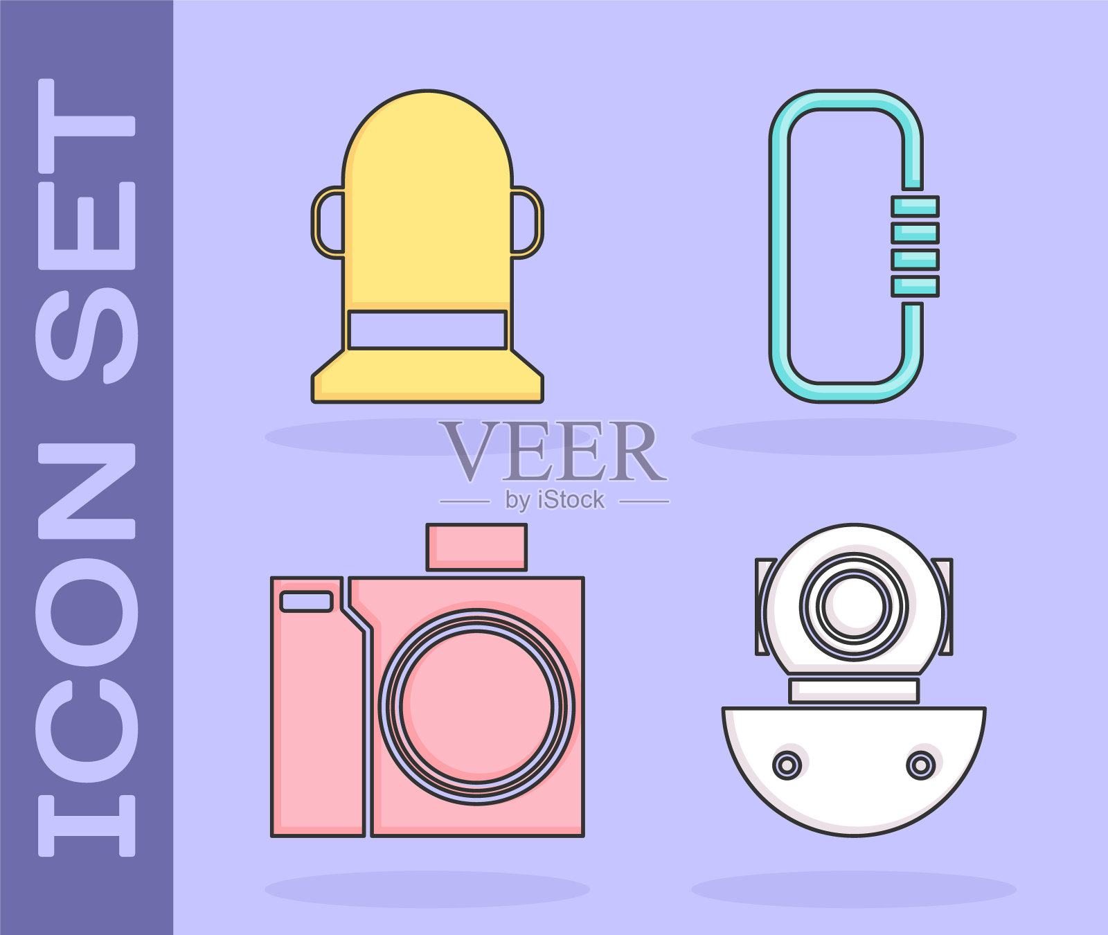 设置潜水器，浮标，相机的潜水员和锁扣图标。向量图标素材