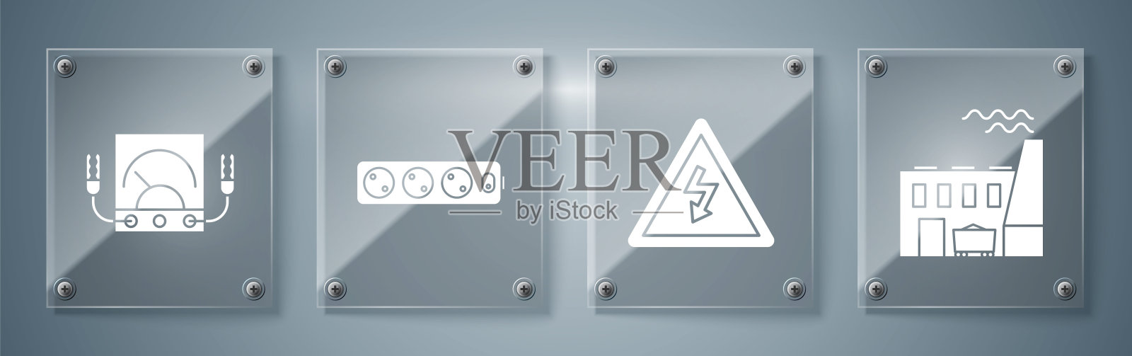 集火力发电厂、工厂、高压标志、电线延长线、电流表、万用表、电压表。方形玻璃板。向量插画图片素材