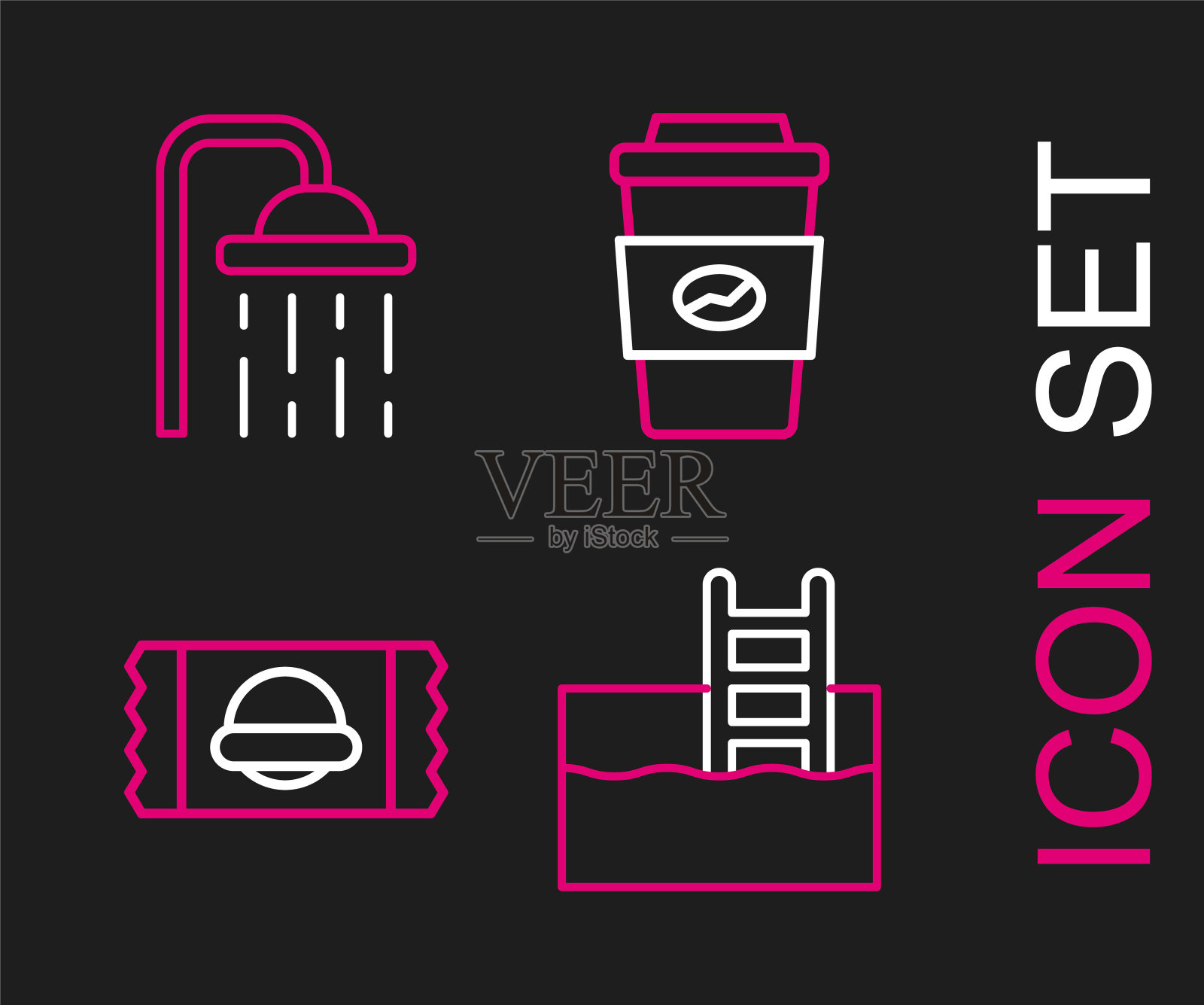 设有游泳池梯，运动营养，咖啡杯带走和淋浴头图标。向量图标素材