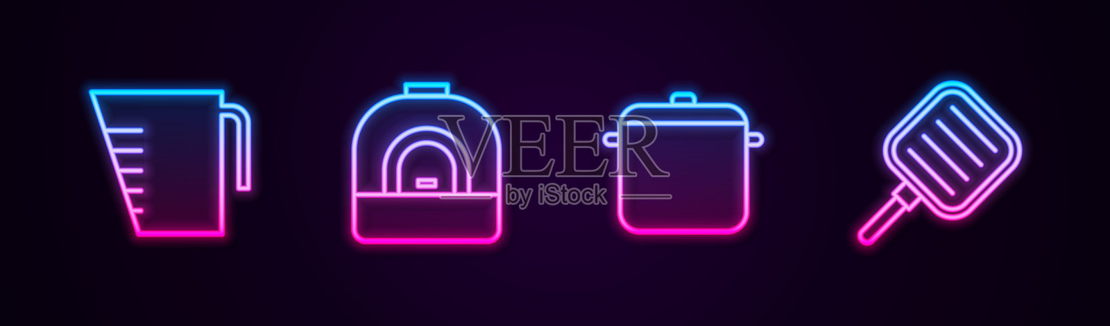 设置量杯，烤箱，锅和煎锅。发光的霓虹灯图标。向量插画图片素材