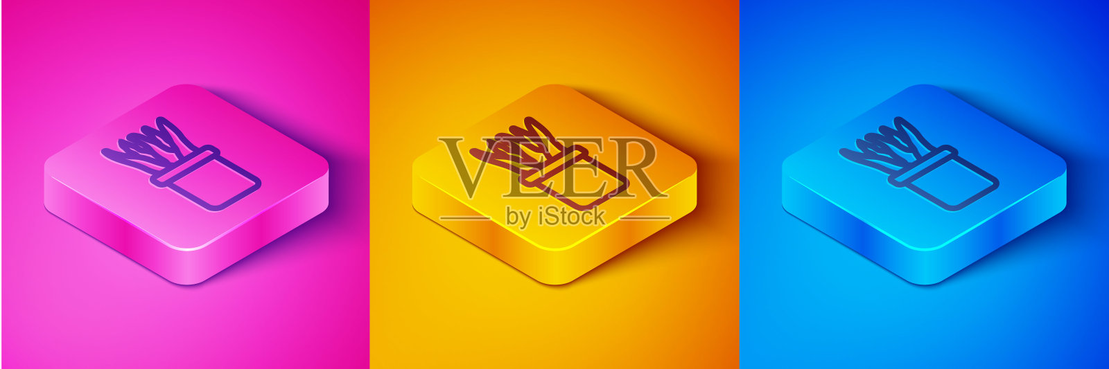 等距线植物在锅图标孤立的粉红色和橙色，蓝色的背景。盆栽植物。盆栽植物标志。方形按钮。向量插画图片素材