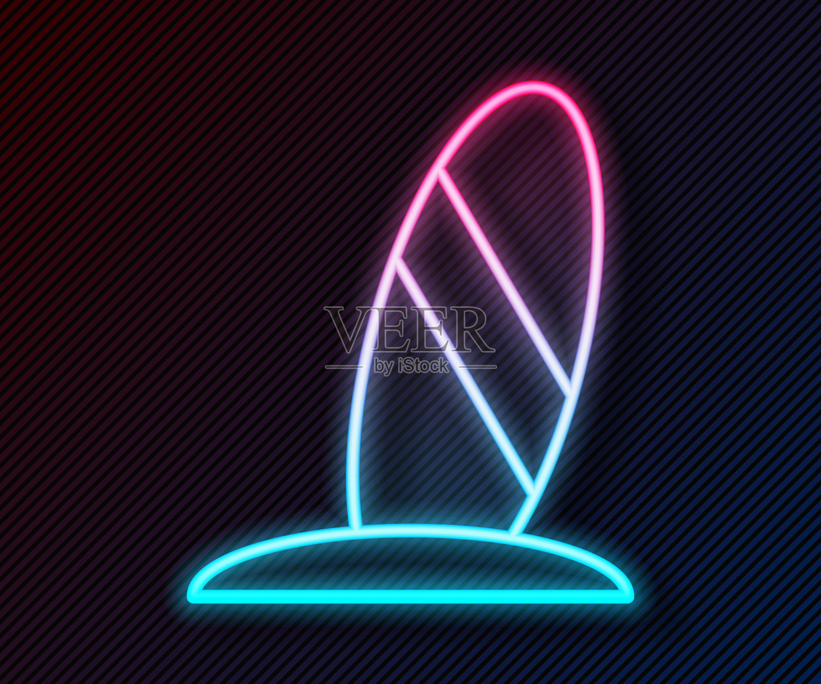 发光的霓虹线冲浪板图标孤立的黑色背景。冲浪板。极限运动。运动设备。向量插画图片素材