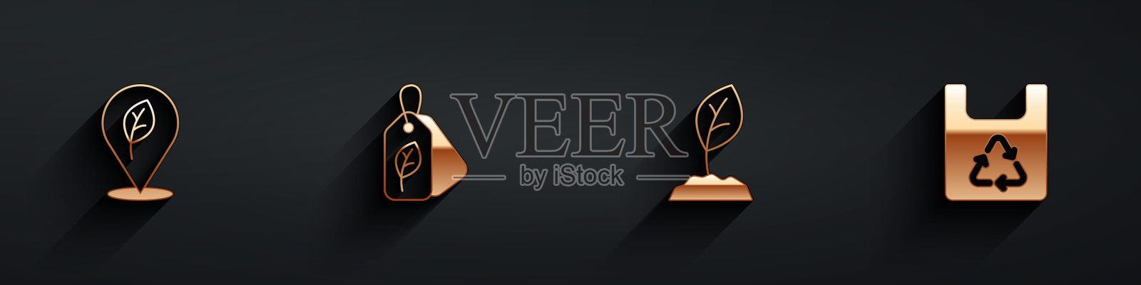 设置位置与叶子，标签，发芽和购物袋回收图标长阴影。向量图标素材