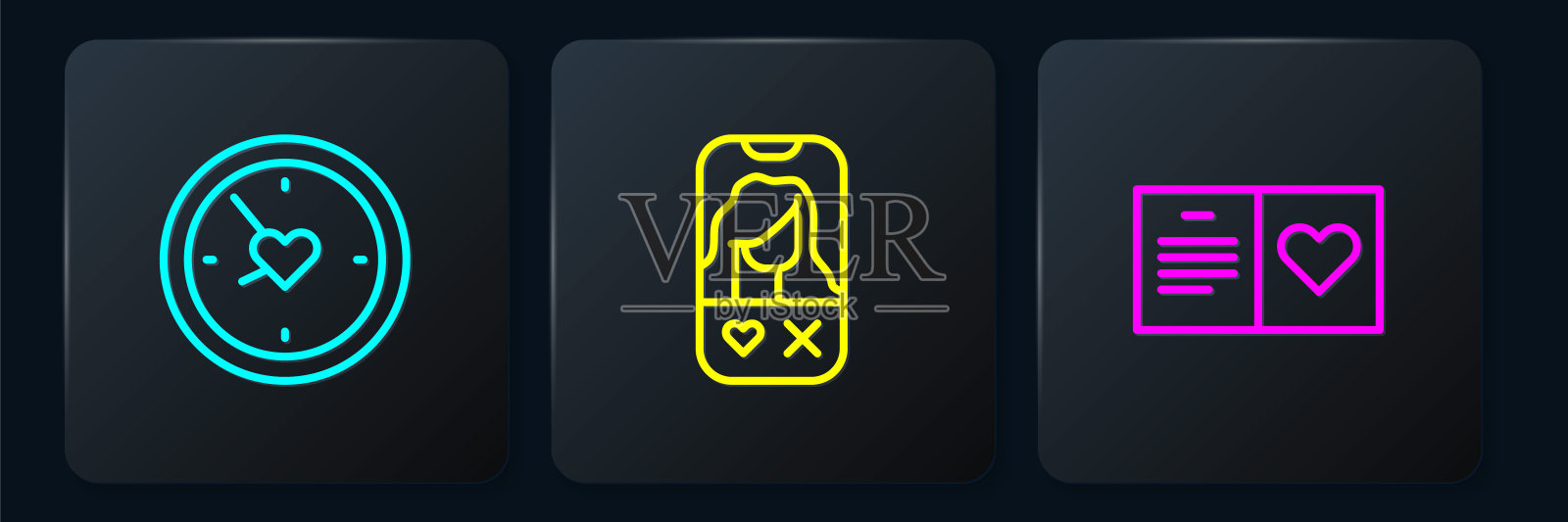 设置线时钟与心，情人节派对传单和约会应用程序在线。黑色方形按钮。向量插画图片素材