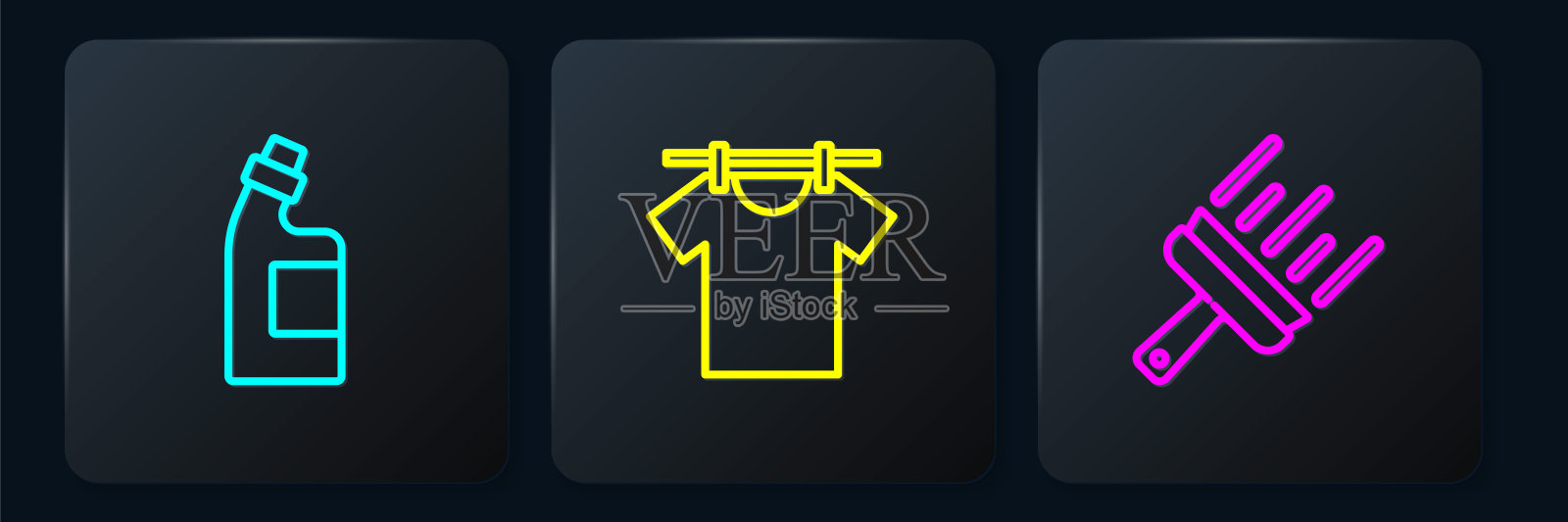 清洗剂瓶，橡胶清洗剂瓶，晾衣瓶。黑色方形按钮。向量插画图片素材