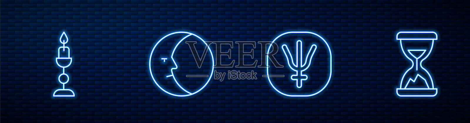 设定线海王星行星，燃烧的蜡烛，月亮和旧沙漏与沙子。砖墙上发光的霓虹灯图标。向量插画图片素材