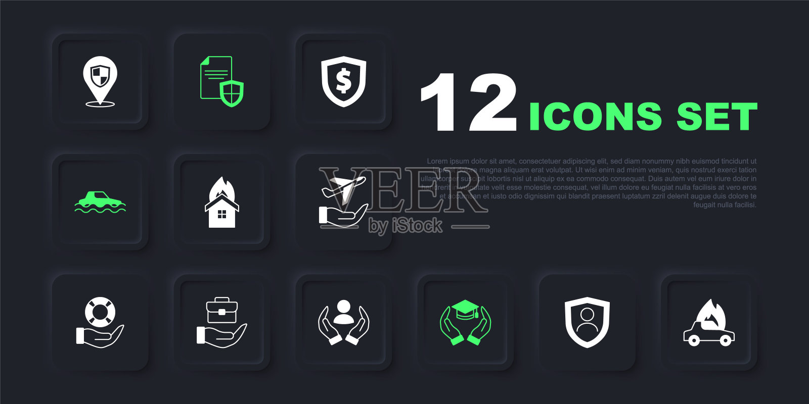 设置人寿保险盾牌，燃烧的汽车，火燃烧的房子，教育补助金，洪水，手持公文包，合同和图标。向量图标素材