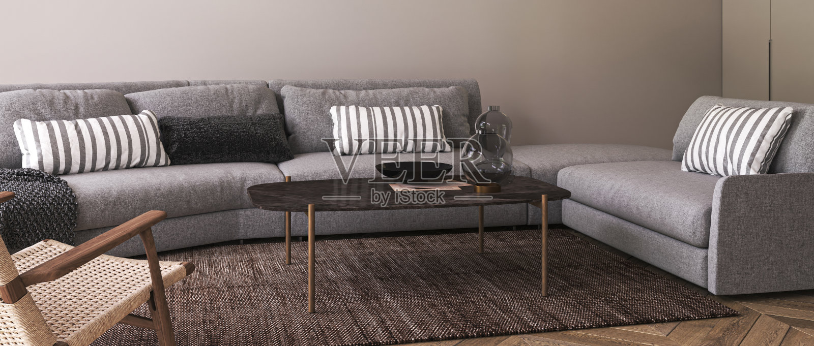 现代公寓内部的时尚客厅。时尚的家具和优雅的家居装饰。模板墙模型。3 d渲染。高质量3d插图照片摄影图片