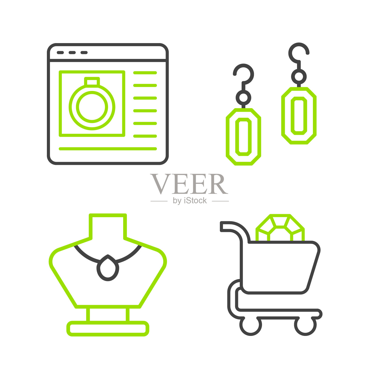 集线珠宝网上购物，项链人体模型，耳环和图标。向量插画图片素材