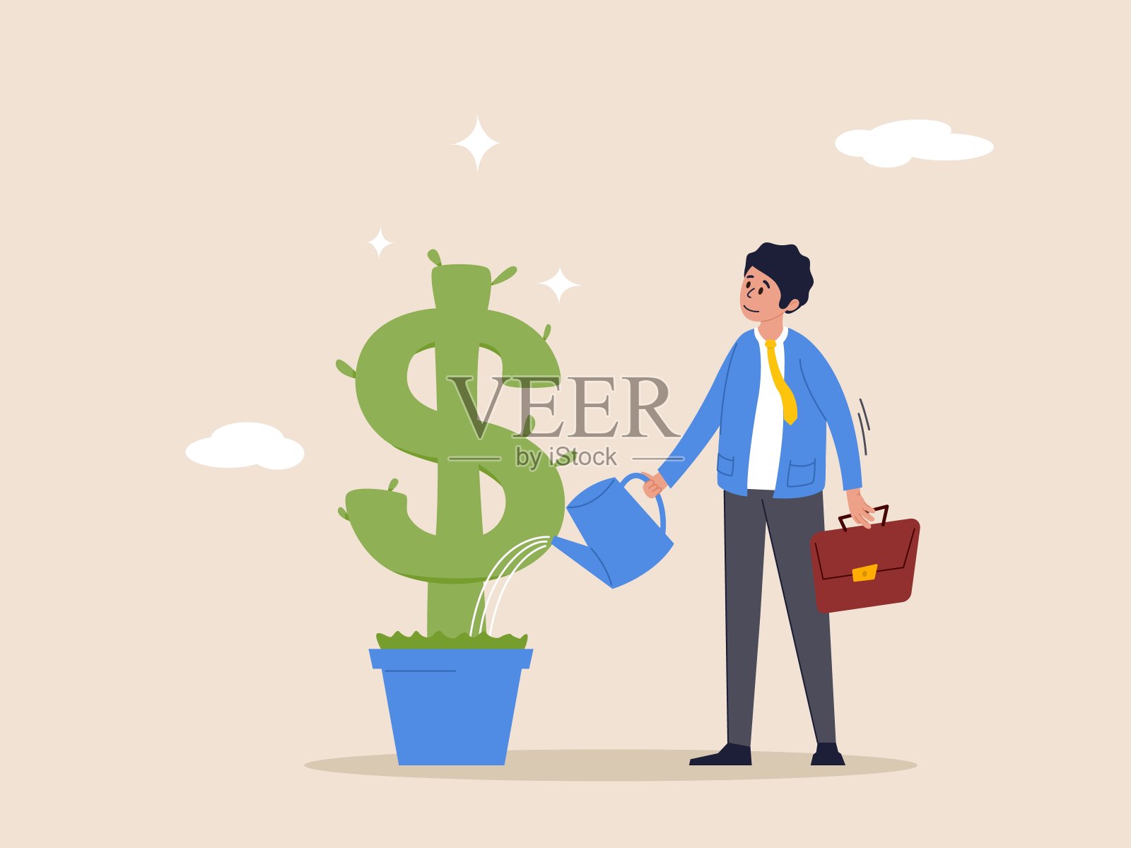 收入增长概念。股息产生投资，增加利润或股票市场赚取回报，增加金钱或财富，成功投资，商人投资者浇灌增长美元的货币植物。插画图片素材