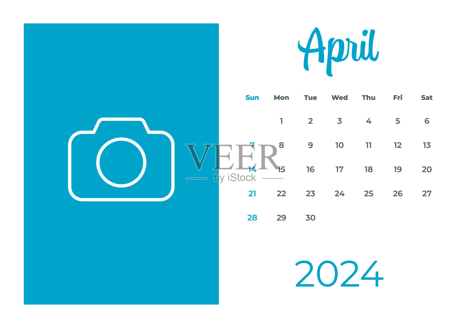 2024年4月-日历与照片或插图的地方。日历矢量模板为2024年。一周从周日开始插画图片素材