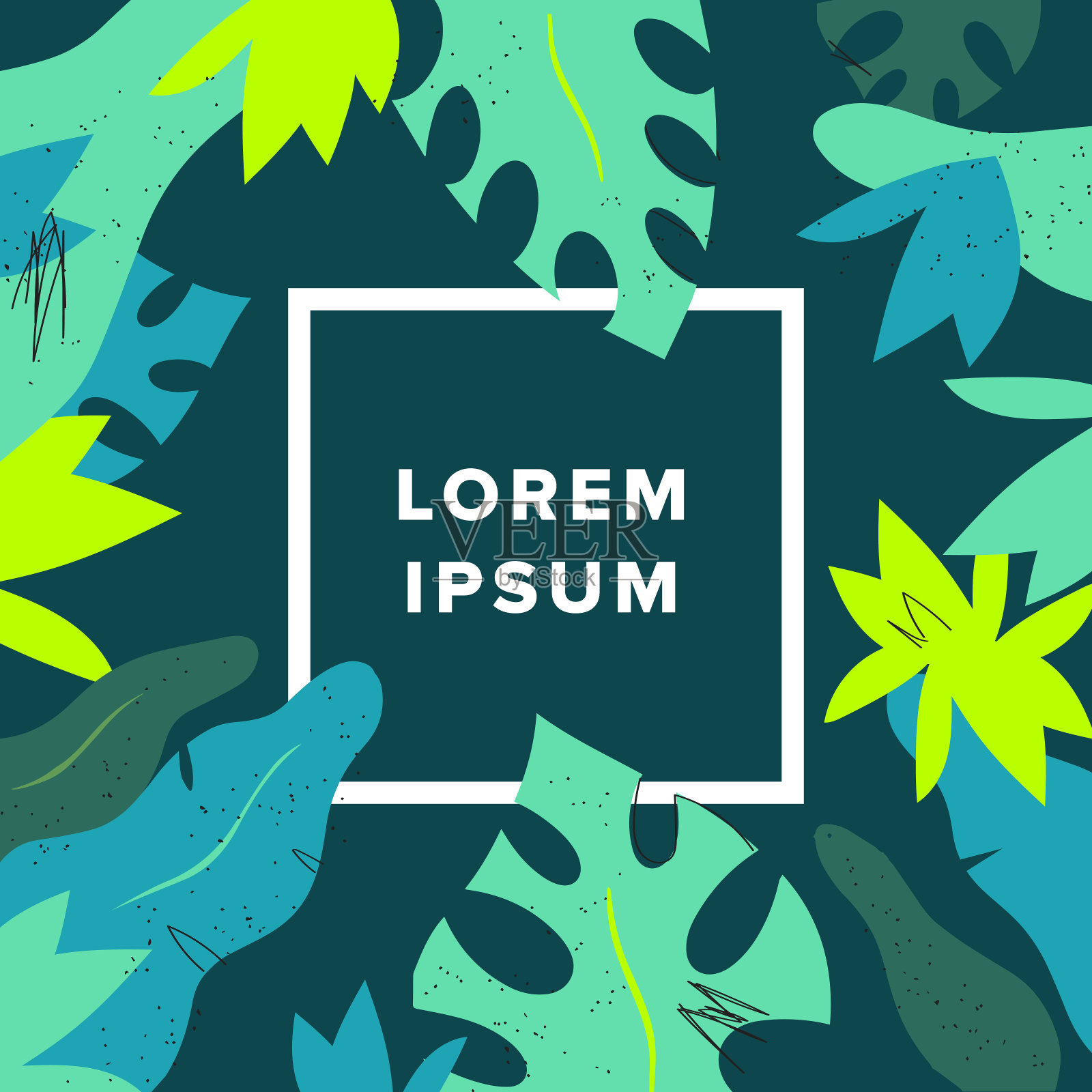 热带叶植物背景与方形边框设计和文字插画图片素材