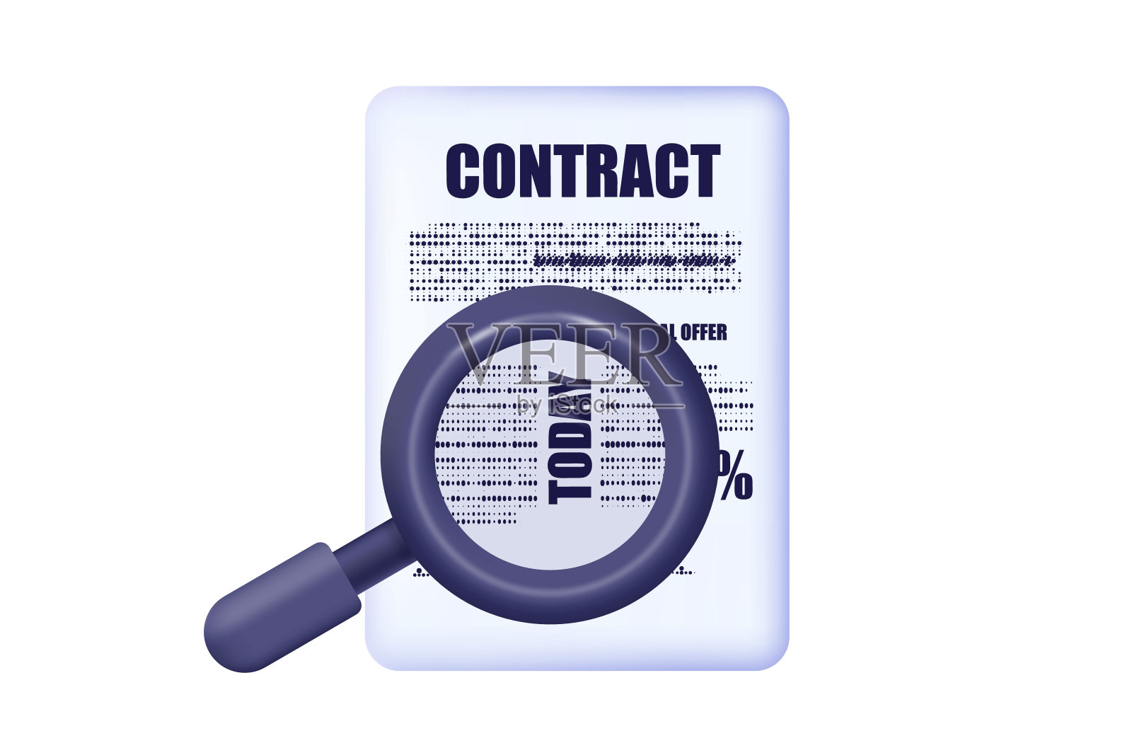 合同的选择、填写和审核。搜索，放大镜，注册交易，合伙协议，选择文件。纸质合同数据，新合同。向量。插画图片素材