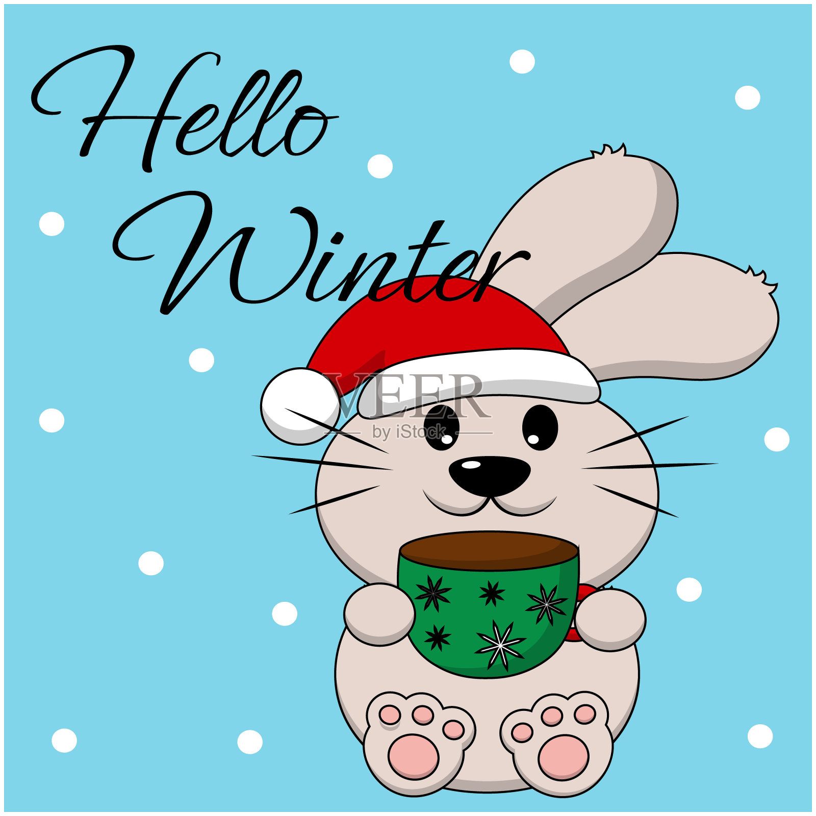 圣诞祝福明信片，兔子带杯插画图片素材