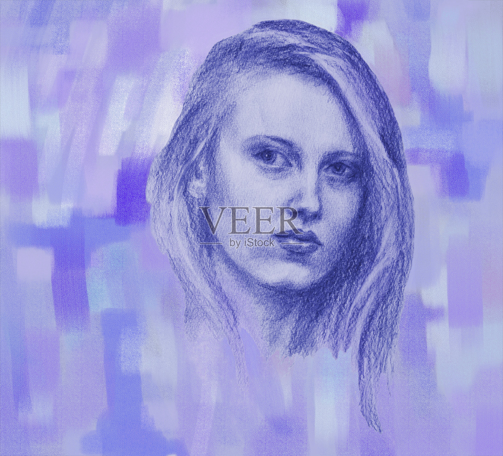 时尚的夜晚插图寓言艺术印象派彩色蜡笔画印象派水平形状象征性肖像年轻美丽温柔复杂的女人长头发在紫色绿松石阴影的抽象背景插画图片素材