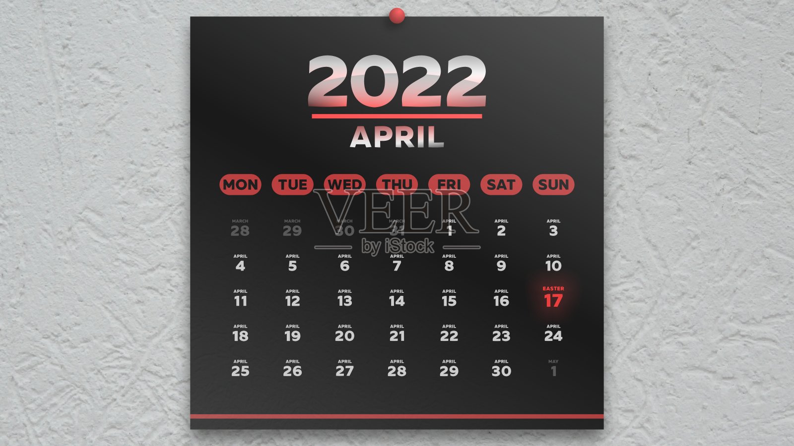 一个美丽的黑色日历四月页2022和复活节日期标记红色照片摄影图片