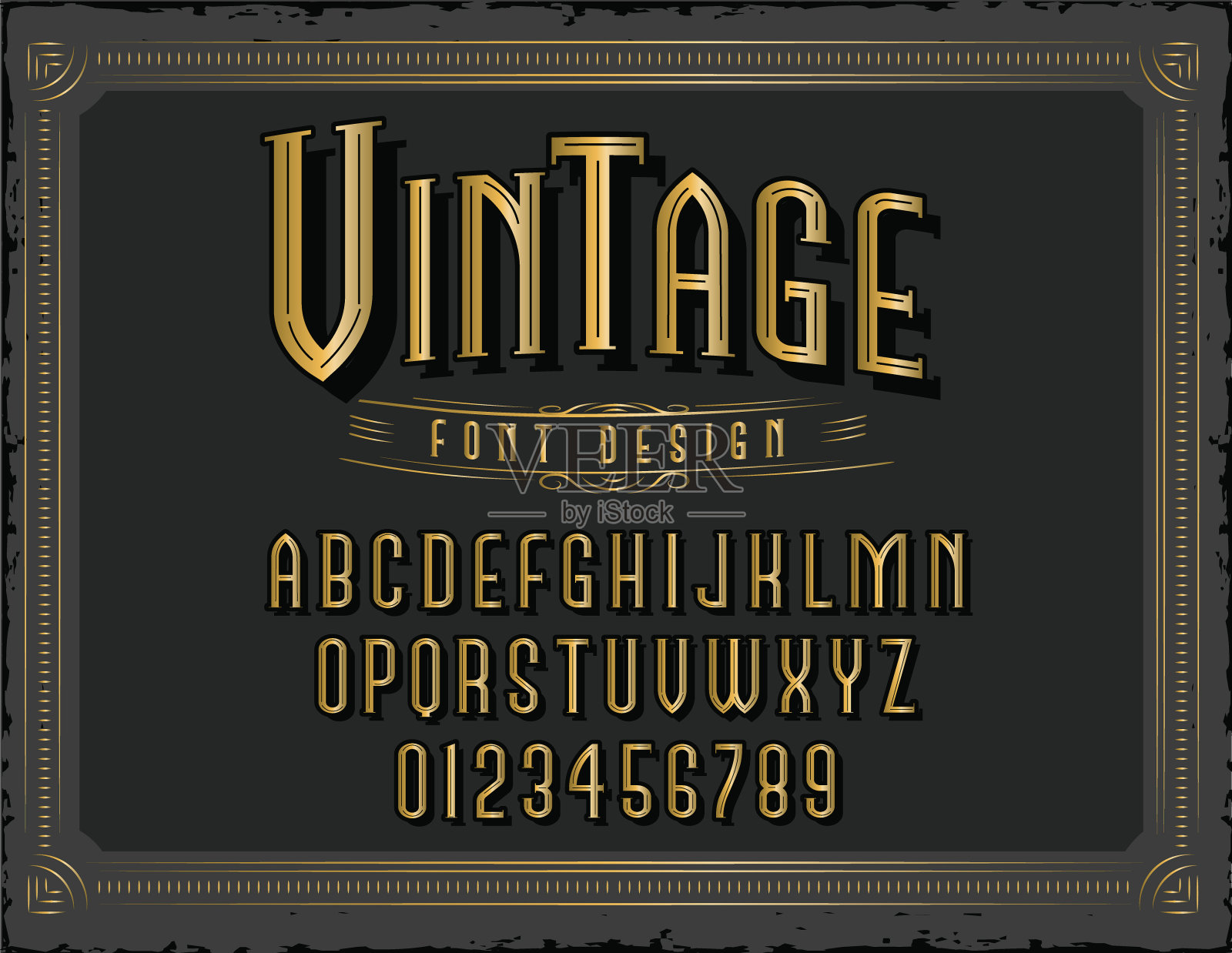 复古黄金字体设计的大写字母和数字文本字母表集插画图片素材