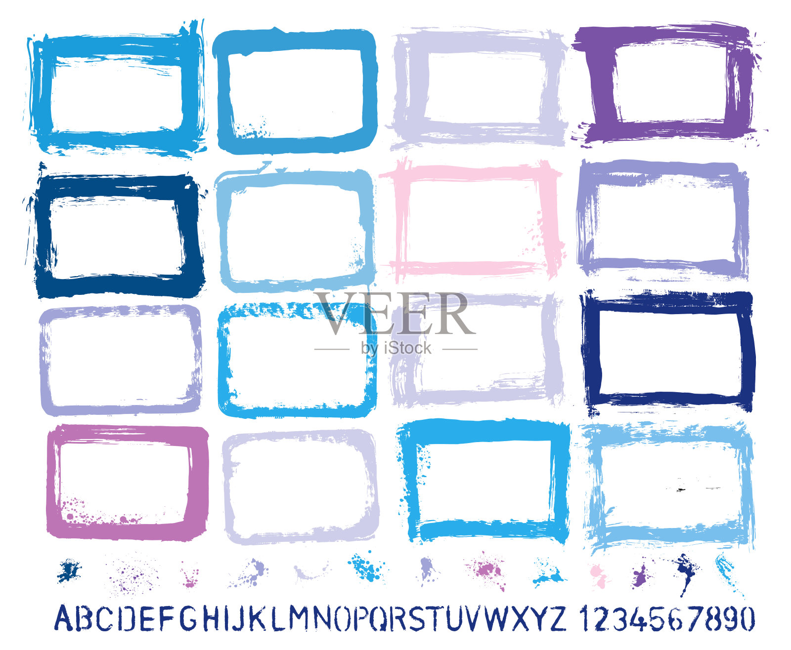 平面设计要点:垃圾纹理，手绘边框，油漆飞溅，画笔笔触，自制的手绘模板字母。高分辨率。jpeg和分组元素矢量文件包括插画图片素材