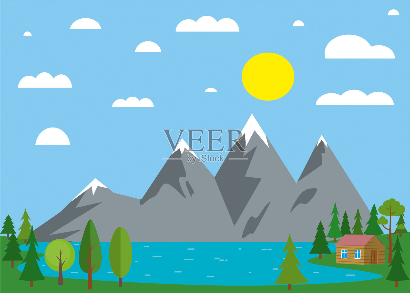 湖和乡村房屋股票说明插画图片素材