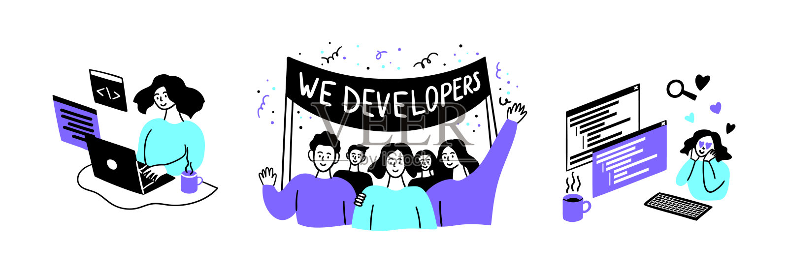 卡通彩色网页开发概念场景集。向量插画图片素材