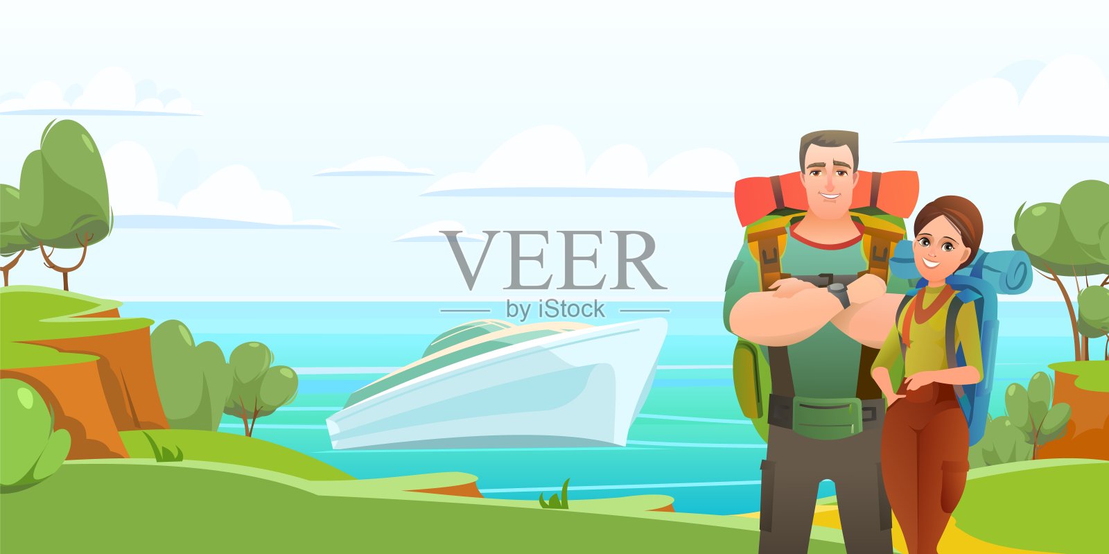 已婚夫妇在旅行。景观与大海和大型旅游船。海岸线和背包旅行。有趣的卡通风格。向量插画图片素材