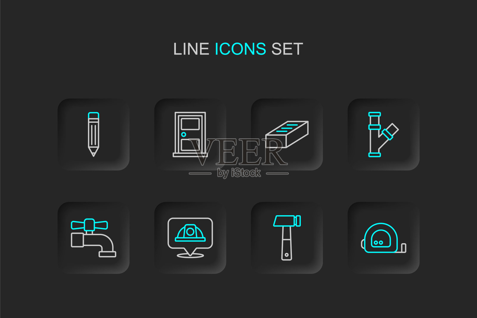 集轮盘赌建筑，锤子，工人安全帽，水龙头，工业金属管，砖，闭门和铅笔与橡皮图标。向量图标素材