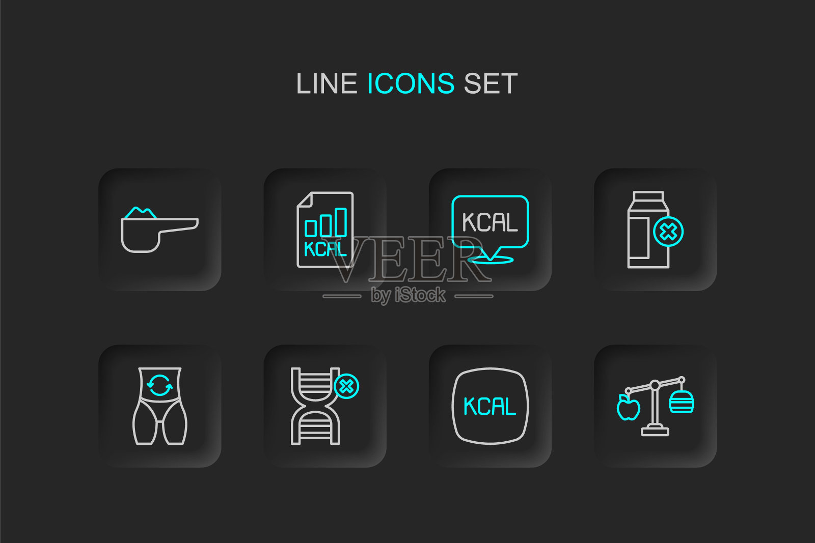 设置线卡路里计算器，千卡，无转基因，代谢，乳糖不耐症，饮食计划和运动营养蛋白质图标。向量插画图片素材