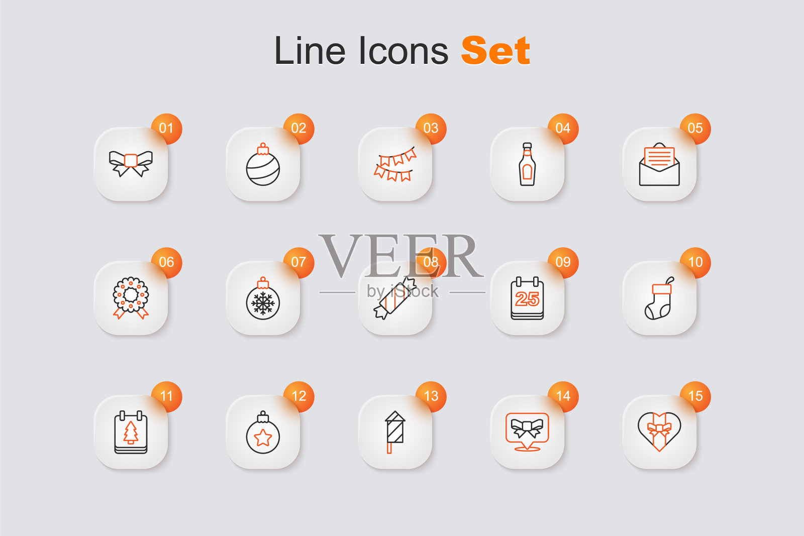 设线礼品盒，弓，烟花火箭，圣诞球，日日历，长袜，和糖果图标。向量图标素材