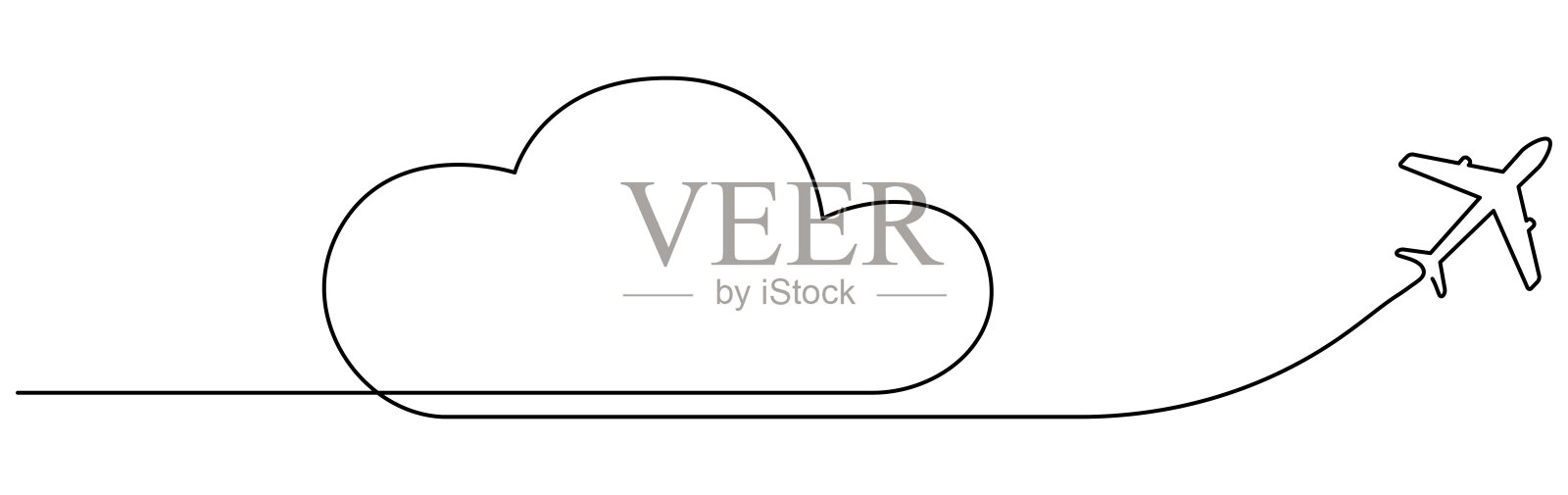 飞行的飞机用云连续画一条线。插画图片素材