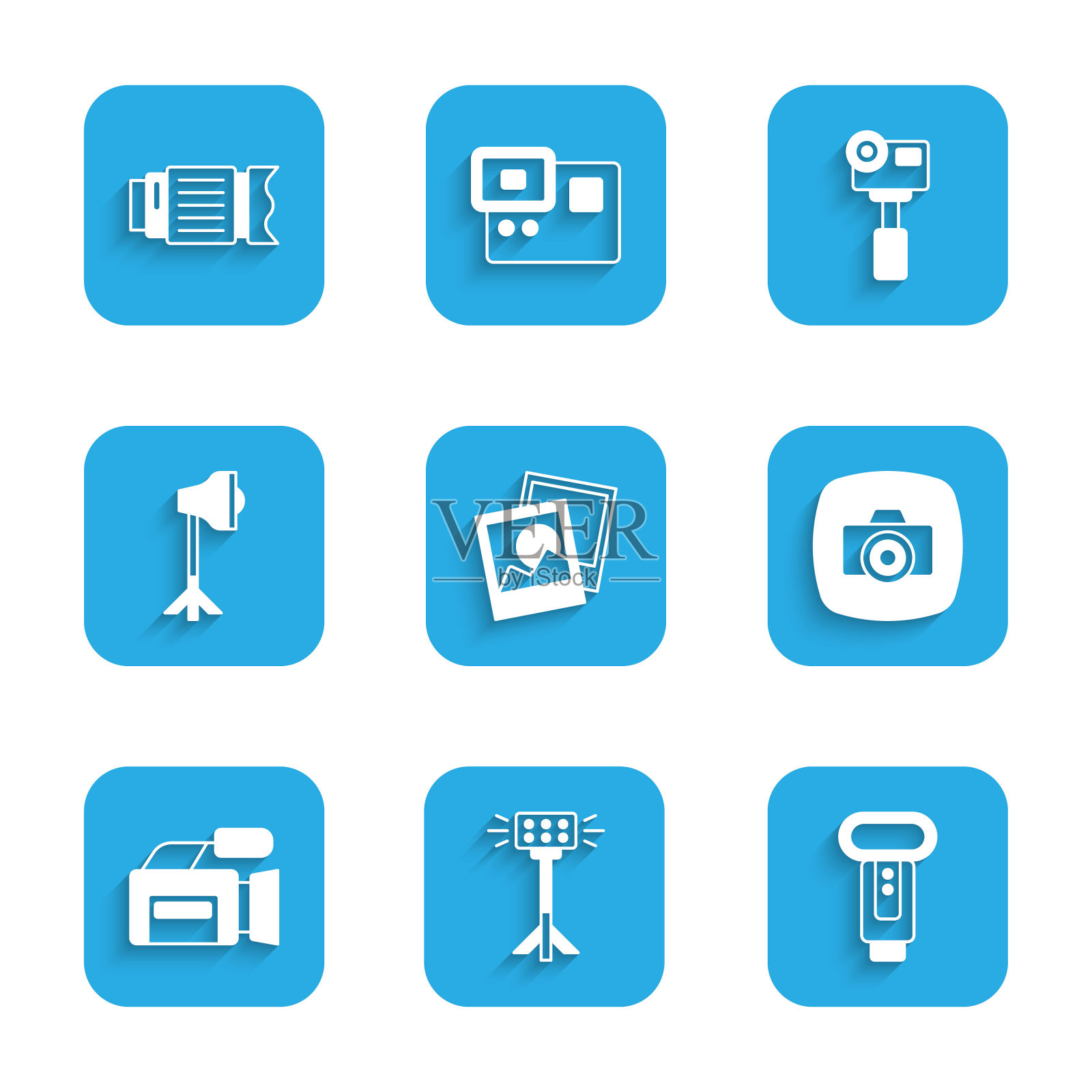 集相框，工作室灯泡在软箱，相机闪光灯，电影，动作极限和相机照片镜头图标。向量图标素材