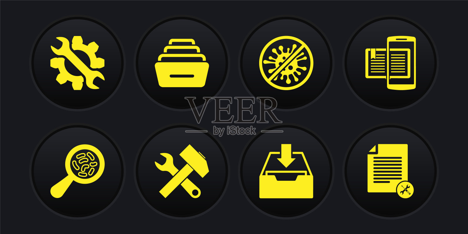 设置微生物下放大镜，智能手机和书籍，十字锤扳手，下载收件箱，停止病毒，细菌，抽屉与文件，文件服务和扳手齿轮图标。向量图标素材