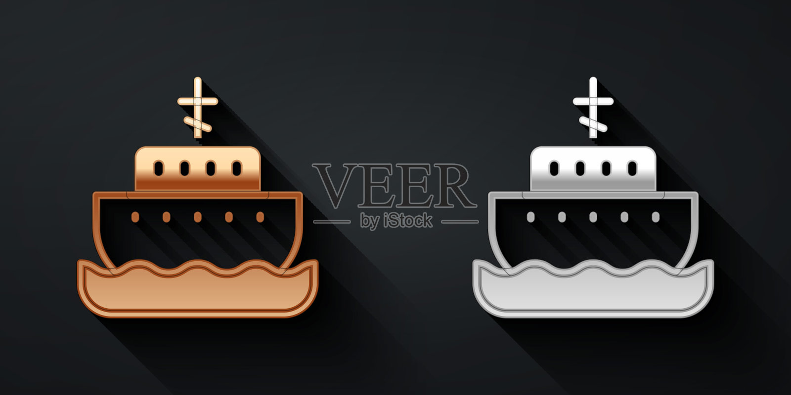 金和银诺亚方舟图标孤立的黑色背景。木材大高货。长影式。向量插画图片素材