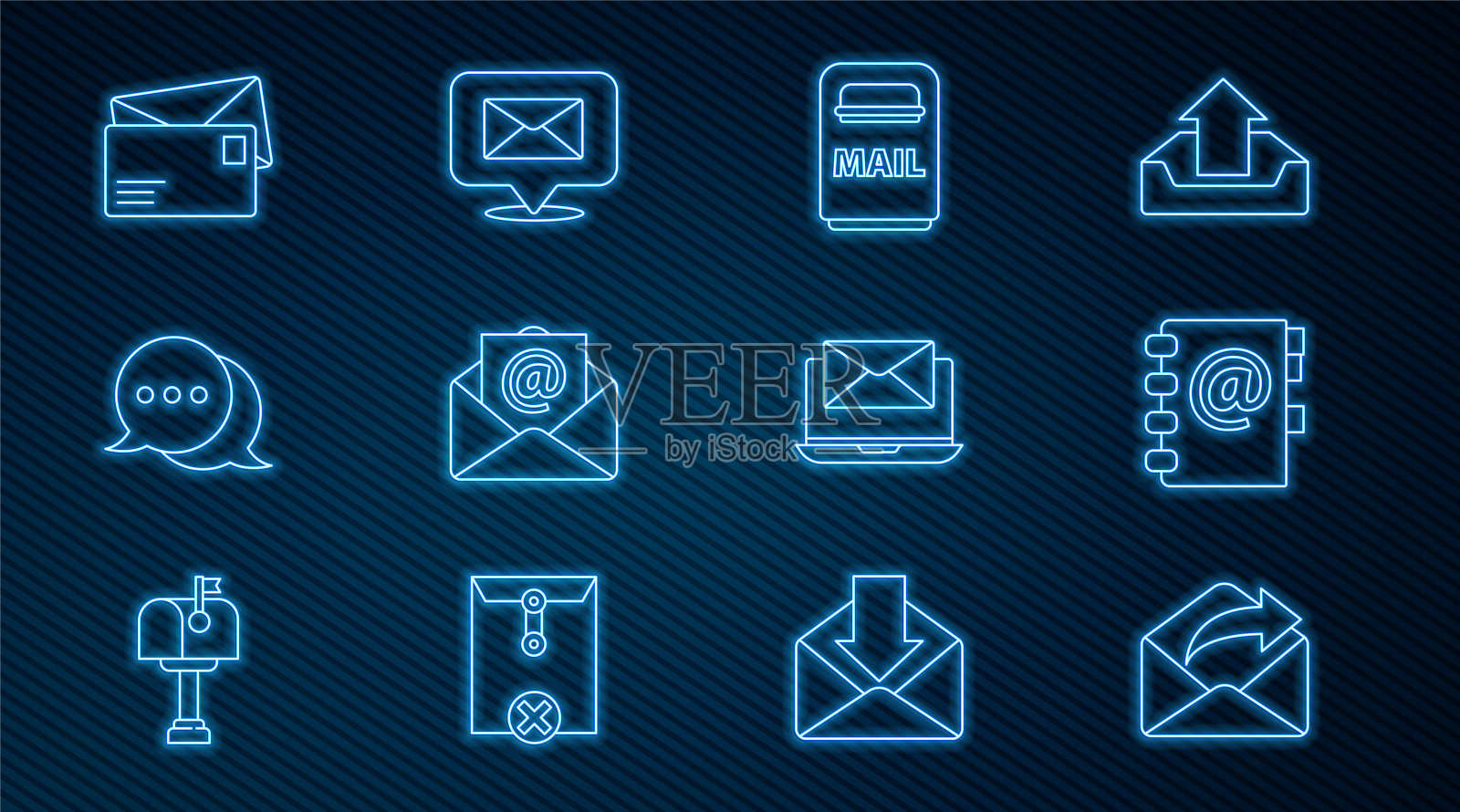 设置线路外发邮件，地址簿，邮箱，和电子邮件，语音气泡聊天，信封，笔记本电脑与信封和图标。向量图标素材