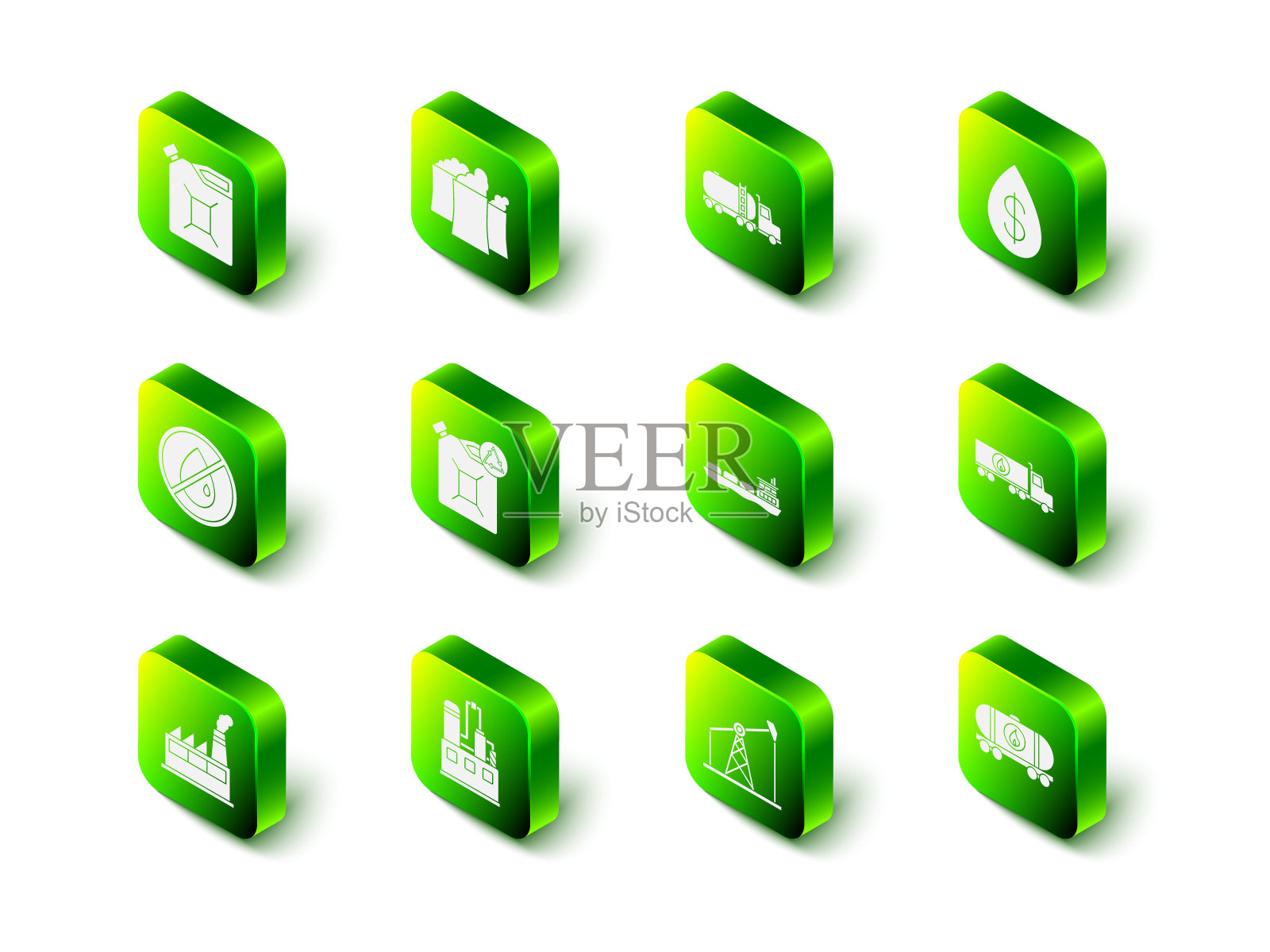 集石油工业厂房、油罐车、吊具、铁路储罐、油船、水泵千斤顶及图标。向量图标素材