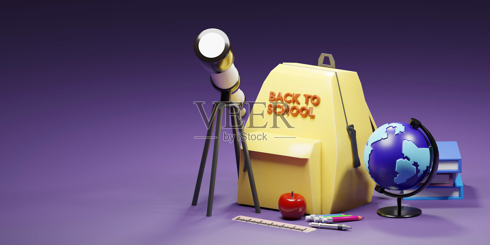 回到学校- 3d模板背景横幅-彩色背包，笔，书，铅笔，规则，望远镜。 教育横幅3d。促销横幅-返校。照片摄影图片