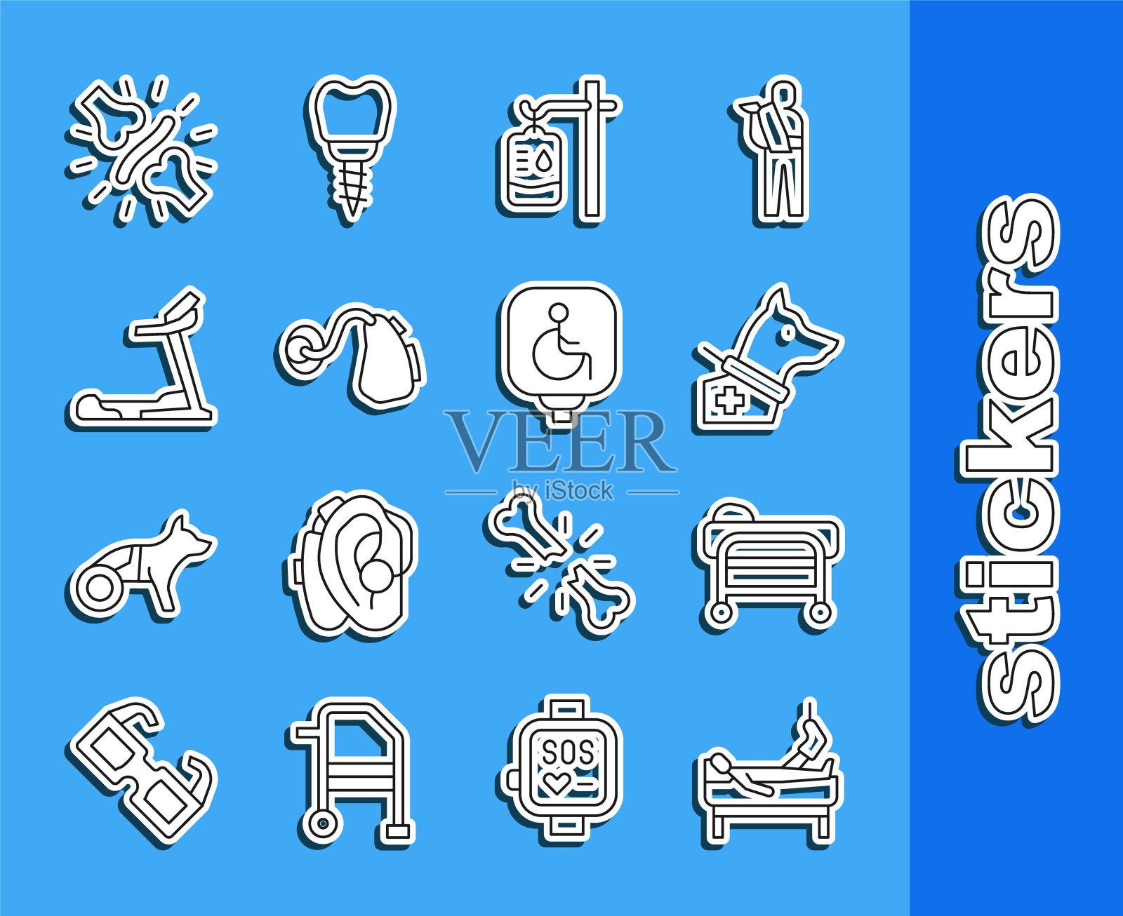 设线患者断腿，担架，导盲犬，静脉输液袋，助听器，跑步机，关节疼痛，膝盖疼痛和残疾人轮椅图标。向量图标素材