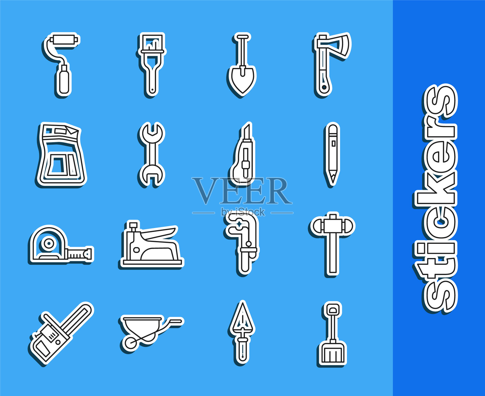 设线雪铲，大锤，铅笔与橡皮擦，铲子，扳手扳手，水泥袋，油漆滚筒刷和文具刀图标。向量插画图片素材