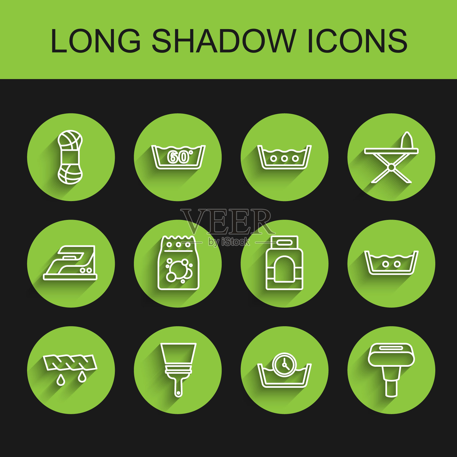 集挤衣，橡胶窗清洁剂，纱，时间洗涤，服装蒸汽机，洗衣液，温度和图标。向量插画图片素材