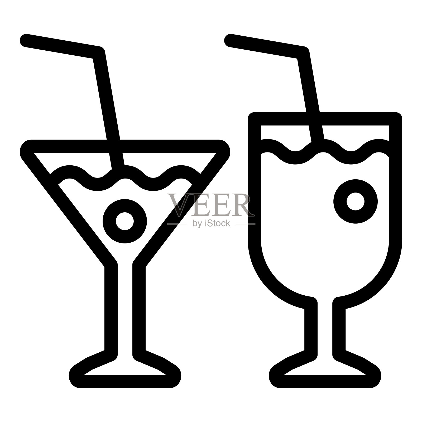 两个鸡尾酒杯线图标。不同的饮料矢量插图隔离在白色。饮料轮廓设计的风格和应用程序。插画图片素材
