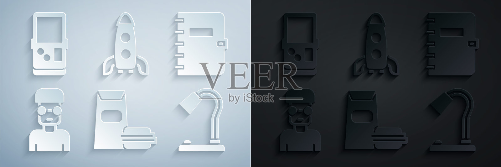 集汉堡，螺旋笔记本，书呆子极客，台灯，火箭船和俄罗斯方块图标。向量图标素材