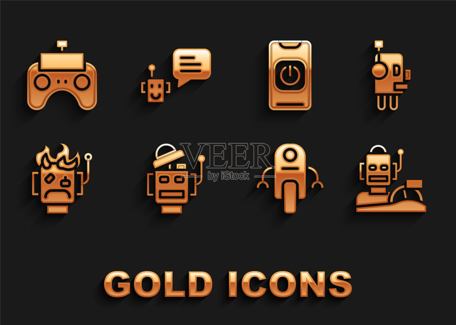 设置机器人，人形驾驶汽车，烧毁，关闭机器人从电话，远程控制和机器人图标。向量图标素材