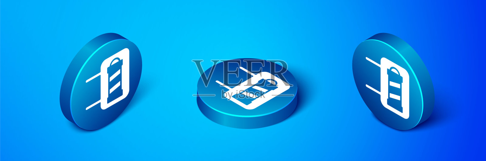 等距经典理发店杆子图标孤立的蓝色背景。理发店的柱子符号。蓝色圆圈按钮。向量图标素材