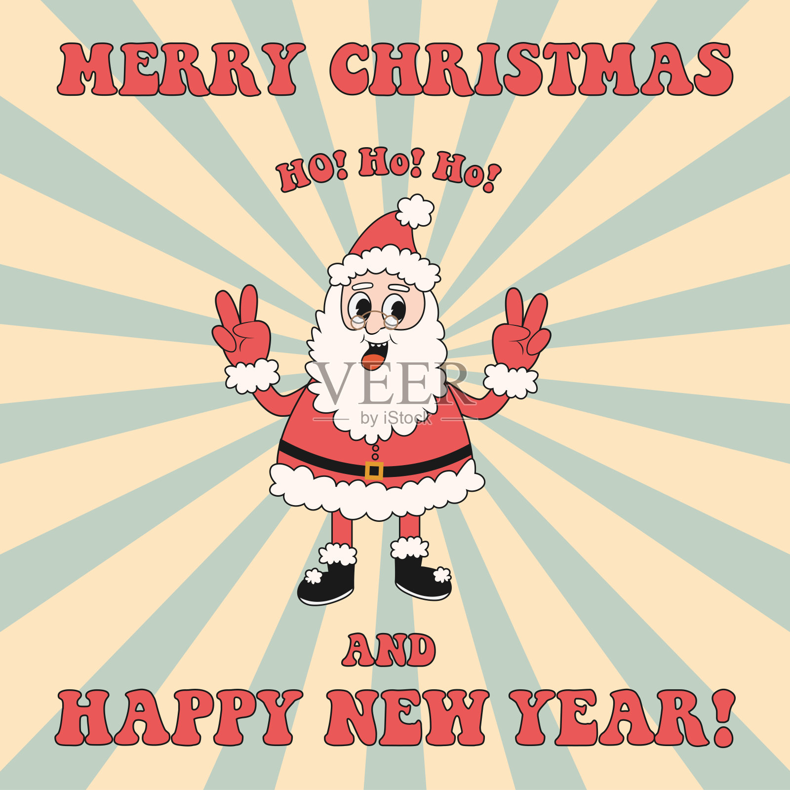 复古时髦的圣诞老人。时髦嬉皮风圣诞快乐新年好插画图片素材