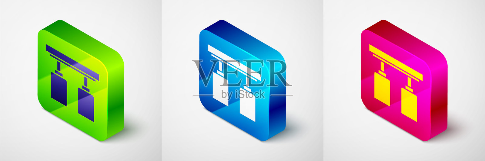 等距Led轨道灯和灯与射灯图标隔离在灰色背景。方形按钮。向量插画图片素材