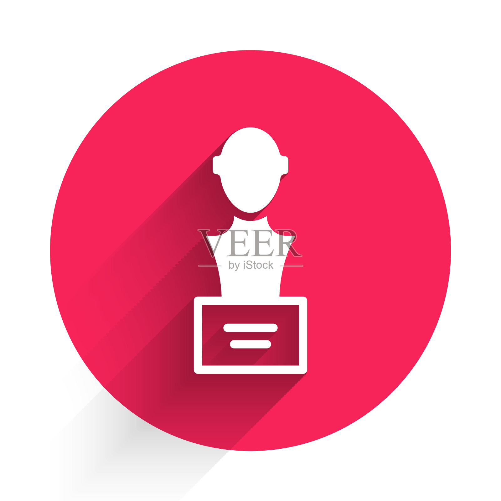 白色石膏头雕塑胸像与长阴影背景隔离。红色圆圈按钮。向量插画图片素材