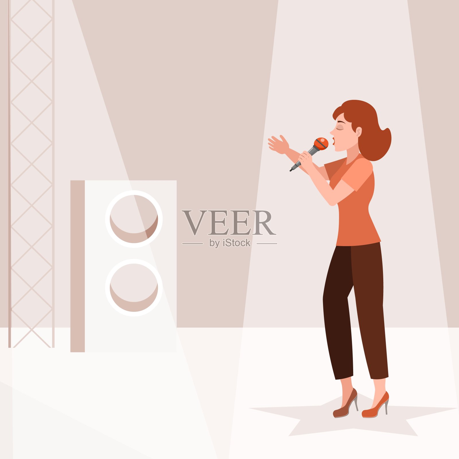 音乐演唱会。一个女人站在一颗星星上，在棕色的舞台上唱歌。矢量图插画图片素材