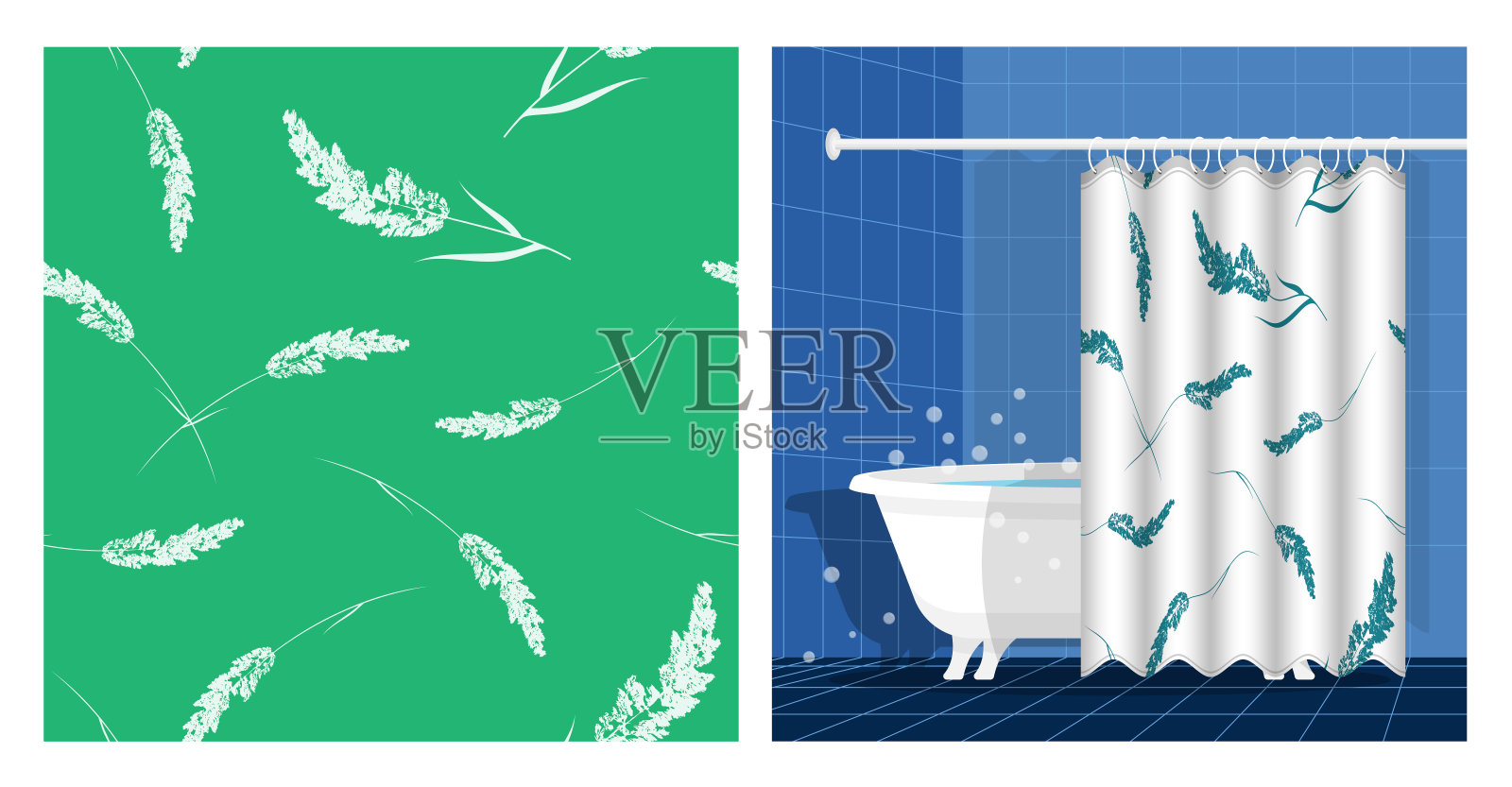 浴室内部以浴缸和窗帘装饰着禾本科禾草的穗状蓬松冠的无缝图案。矢量插图，装饰设计的海报，织物上印刷插画图片素材