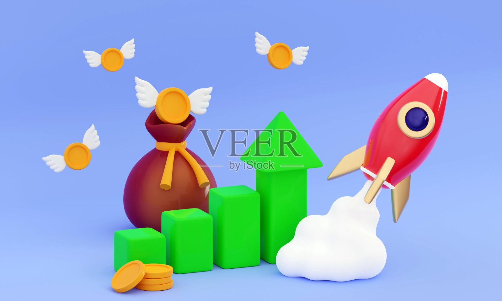 三维飞行空间火箭与硬币翼，交易图表和钱袋照片摄影图片